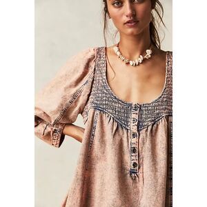 Free People Oversized Pink Acid Wash Smock It To Me Denim Top